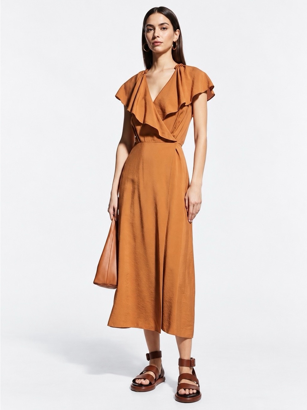 Vince Braid Trim Flutter Sleeve Wrap Midi Dress Copper Brown Size S Boho Luxe